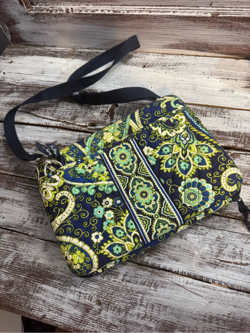 Vera Bradley Navy Green Paisley Quilted Crossbody Tablet Holder